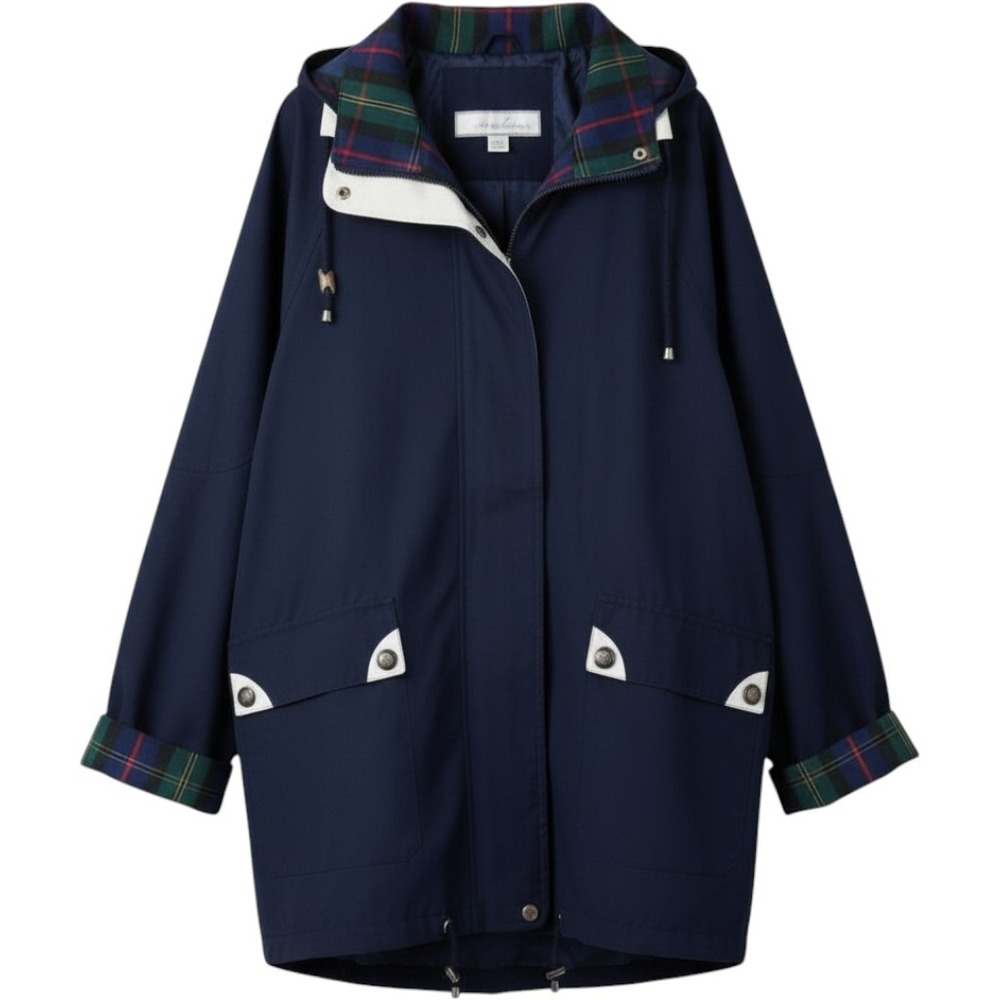 1 Madison Womens Navy Blue Hooded Anorak Rain Jacket Plaid Trim Size L